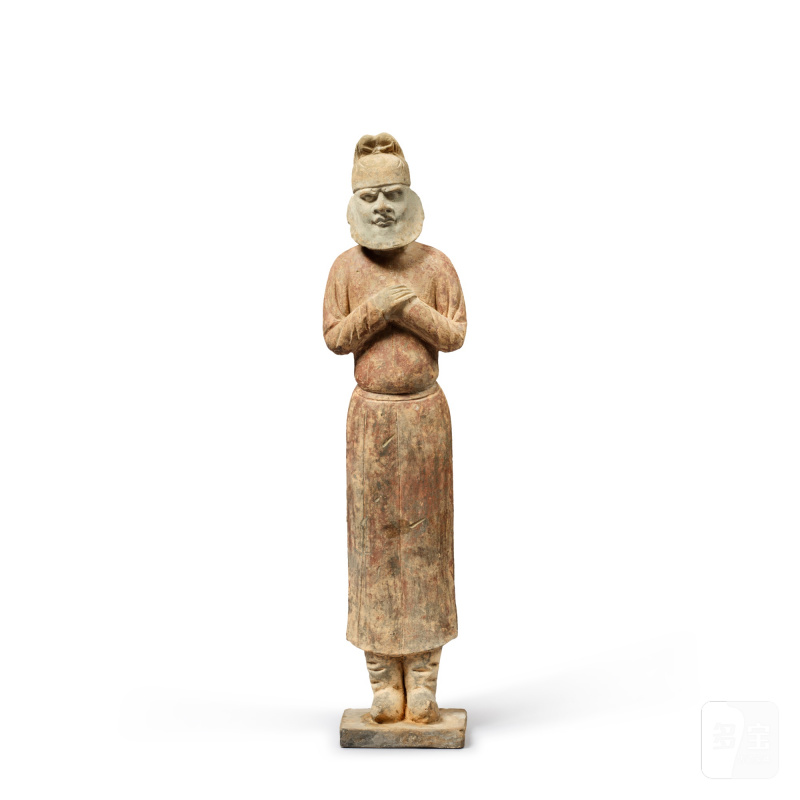 隋 灰陶加彩胡人立俑 - 图1